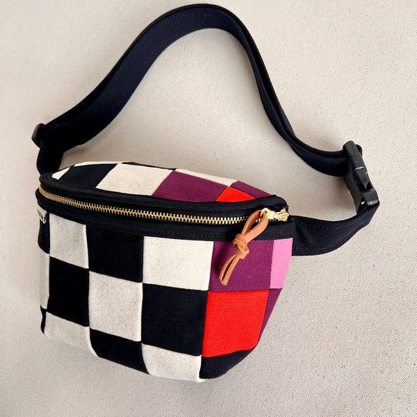 checkerboard fanny bag, black+natural with wine+orange+pink