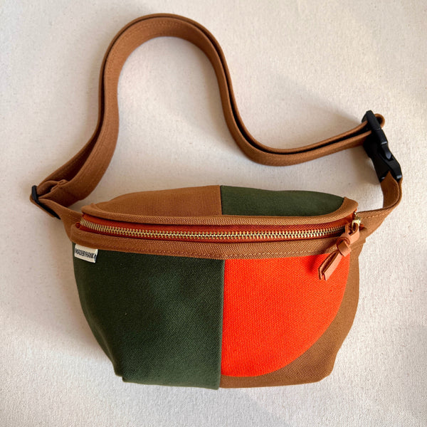 color block fanny bag, forest + caramel with tangerine