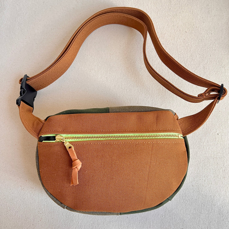 color block fanny bag, forest and muted olive