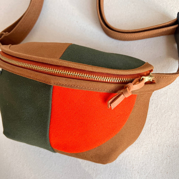 color block fanny bag, forest + caramel with tangerine