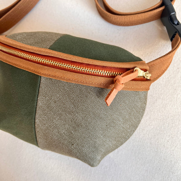 color block fanny bag, forest and muted olive