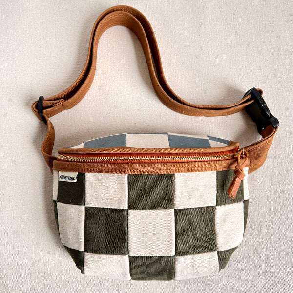 checkerboard fanny bag, natural with slate blue + forest